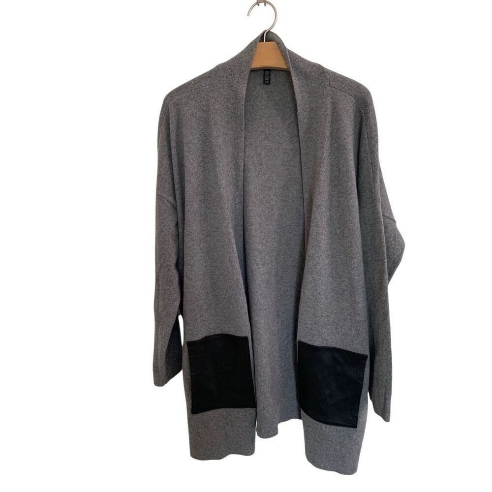 Eileen Fisher Cashmere Wool Shawl Collared Cardigan w/Leather Pockets Medium
